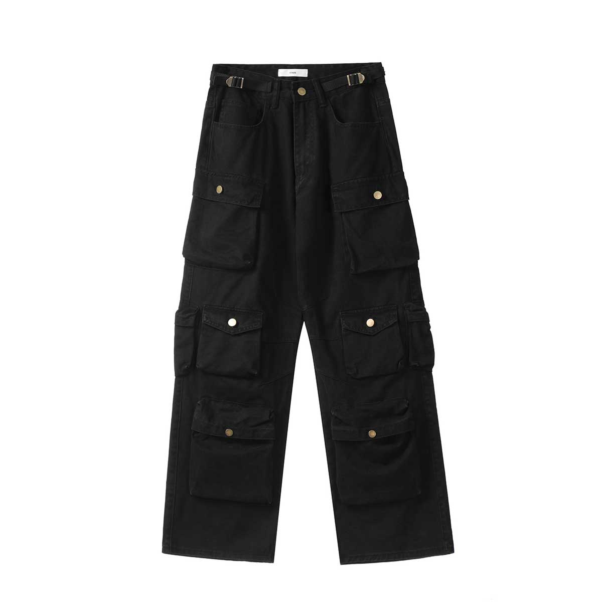 Black multi-pocket cargo pants with adjustable waistband and six large flap pockets on the front and sides.