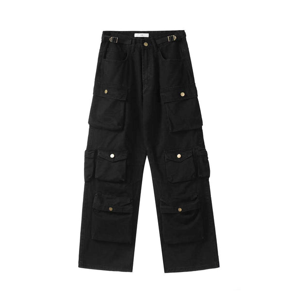 Black multi-pocket cargo pants with adjustable waistband and six large flap pockets on the front and sides.