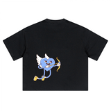 Back view of the black oversized cropped t-shirt by Love More Club with a large blue Cupid heart character aiming a golden bow.