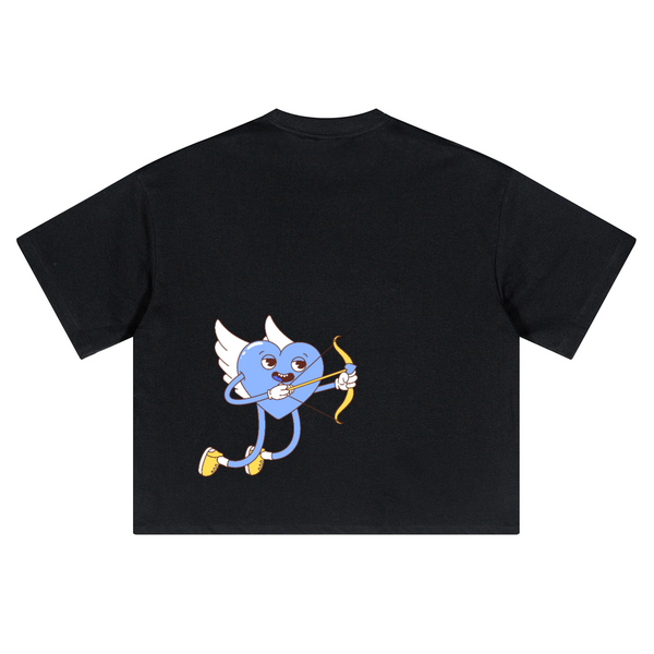 Back view of the black oversized cropped t-shirt by Love More Club with a large blue Cupid heart character aiming a golden bow.
