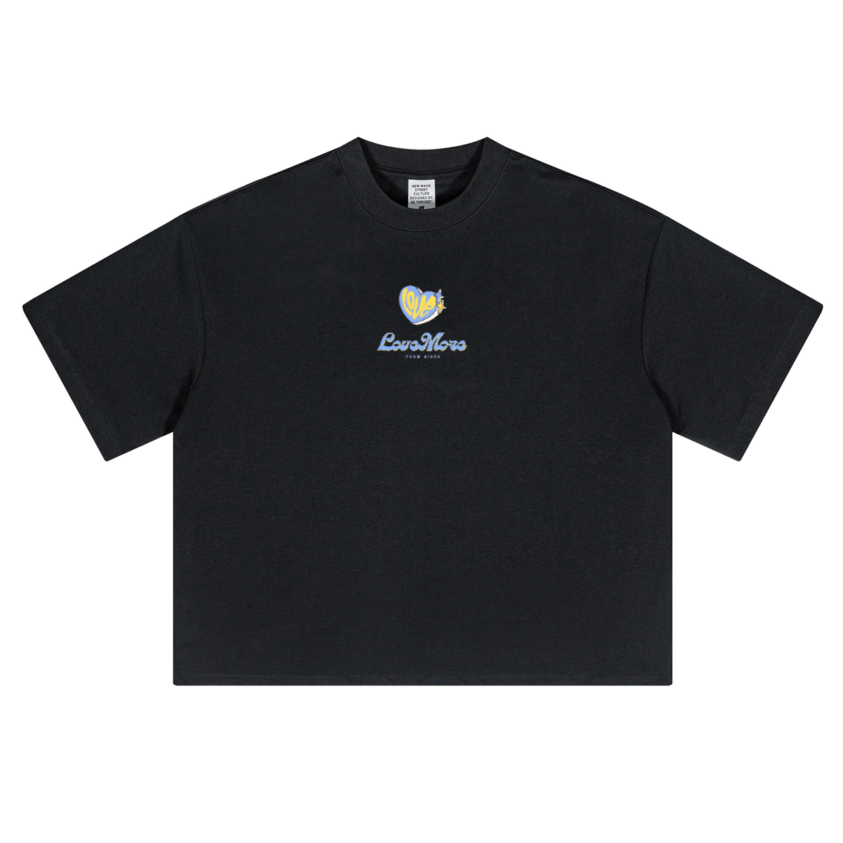 Black oversized cropped t-shirt by Love More Club featuring a yellow and blue heart logo with "LoveMore" text embroidered on the chest.