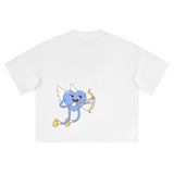 White oversized cropped t-shirt by Love More Club with a large back print of a blue winged heart character aiming a golden bow, Cupid-style.