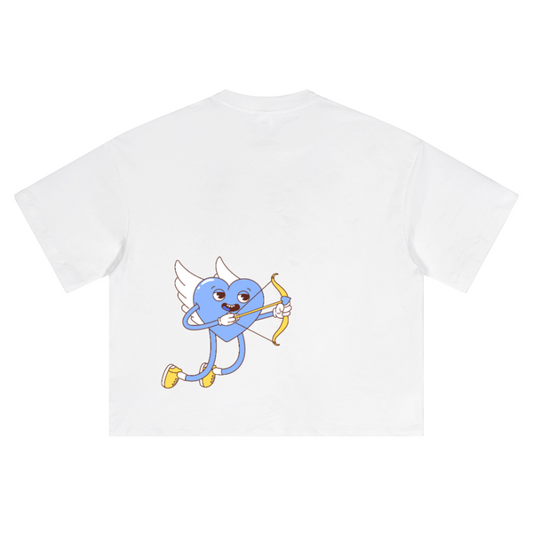 White oversized cropped t-shirt by Love More Club with a large back print of a blue winged heart character aiming a golden bow, Cupid-style.