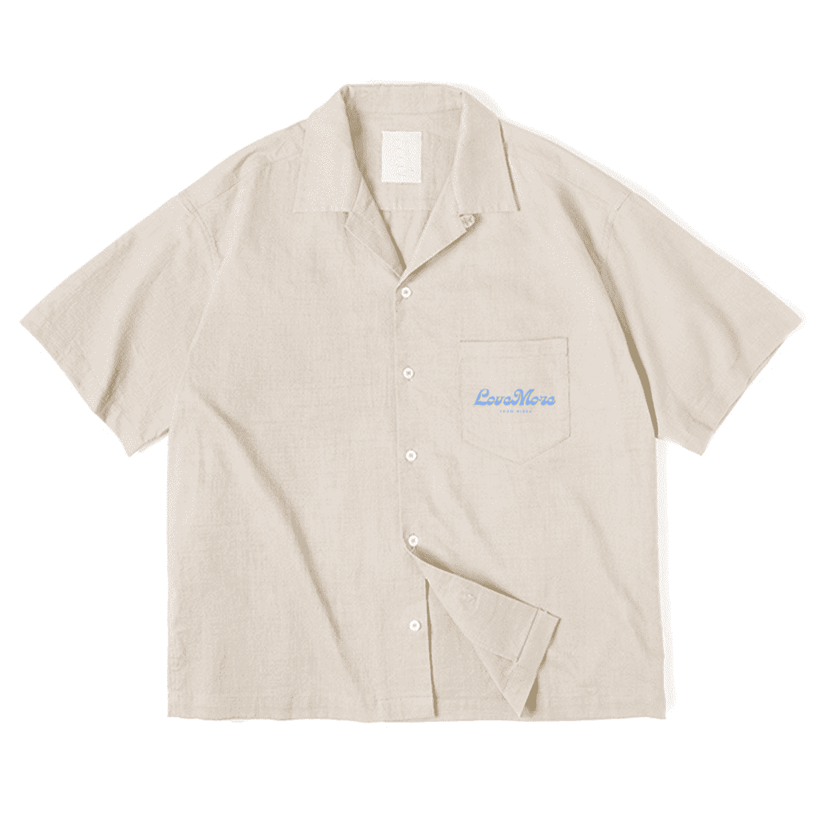 Beige short-sleeve button-up shirt by Love More Club featuring a light blue "LoveMore" embroidery on the chest pocket.
