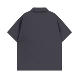 Back view of the dark grey short-sleeve shirt by Love More Club, plain design with no print or embroidery.