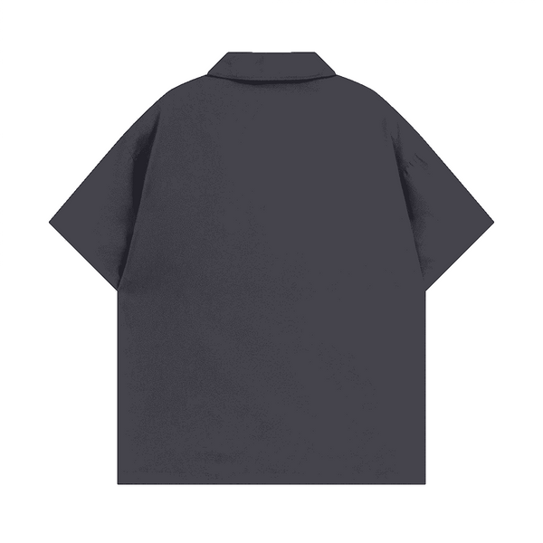 Back view of the dark grey short-sleeve shirt by Love More Club, plain design with no print or embroidery.