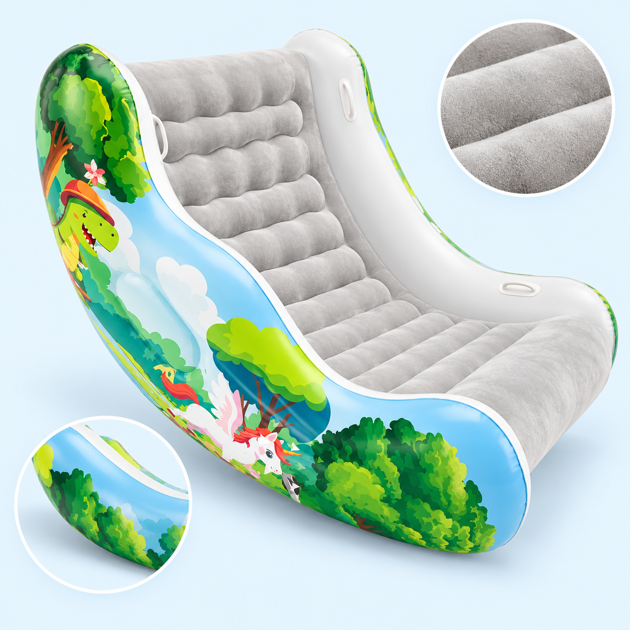 Green inflatable sensory chair with close-up views of its soft surface and curved base